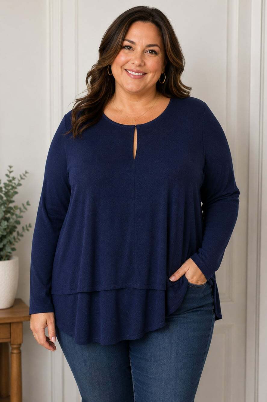 Lauren Ralph Lauren 3XL Navy Blue Tunic Top Long Sleeve Boat Neck Stretch Blouse